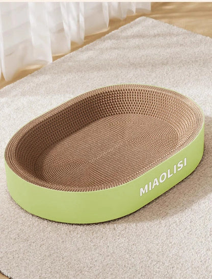 Green oval corrugated paper cat scratch board with 55cm diameter and integrated cat nest