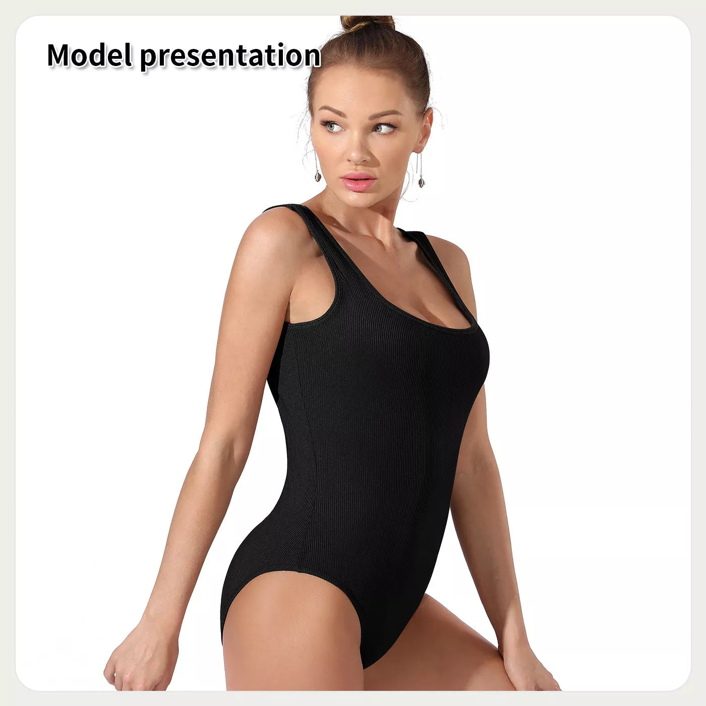 Women's solid color bodysuit in black and coffee, featuring stretchable fabric for a comfortable fit.