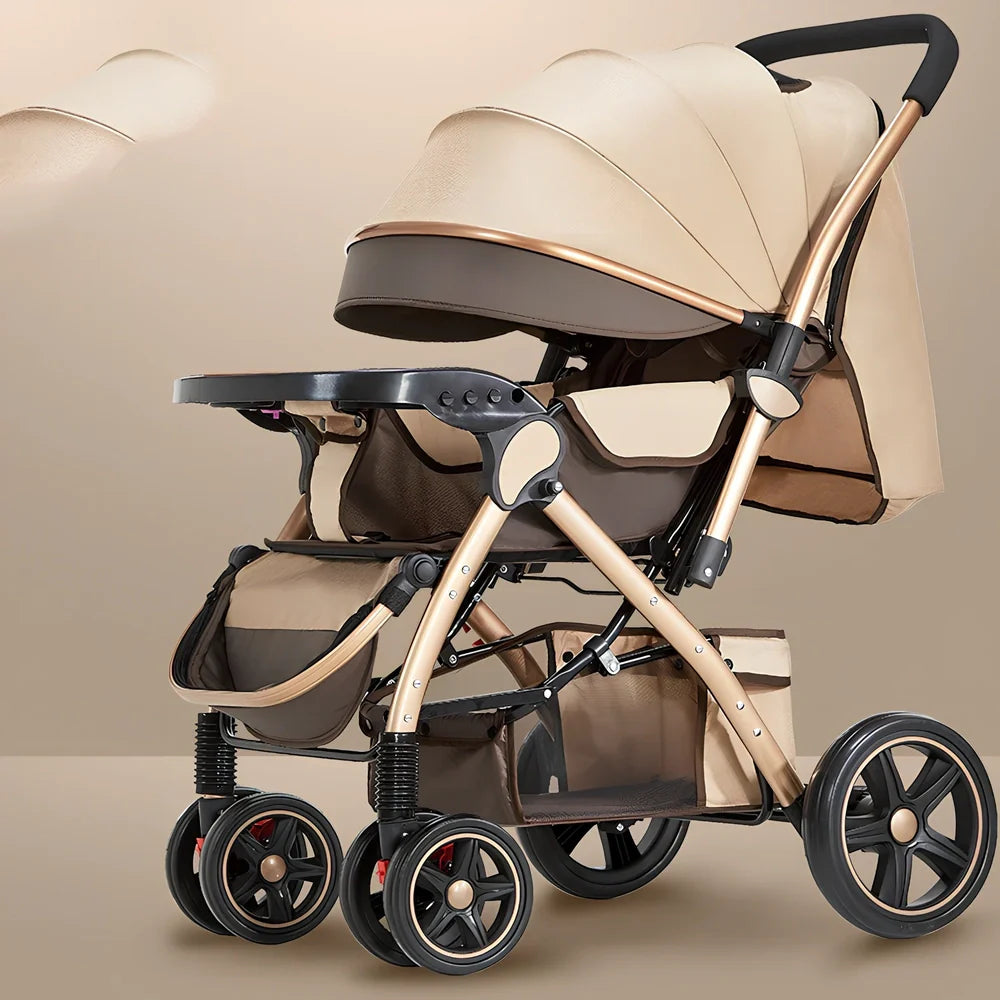 Baby stroller gift box in local gold frame with khaki blended fabric and 20cm rubber rear wheels for newborn use