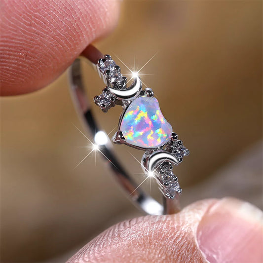 New Love Moon Three Claw Ring in platinum white opal and rose gold white opal