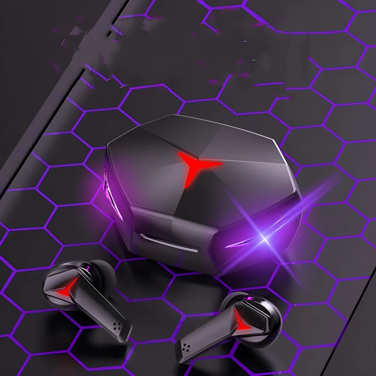 Black wireless Bluetooth gaming headset with earplug design and 10-metre transmission range