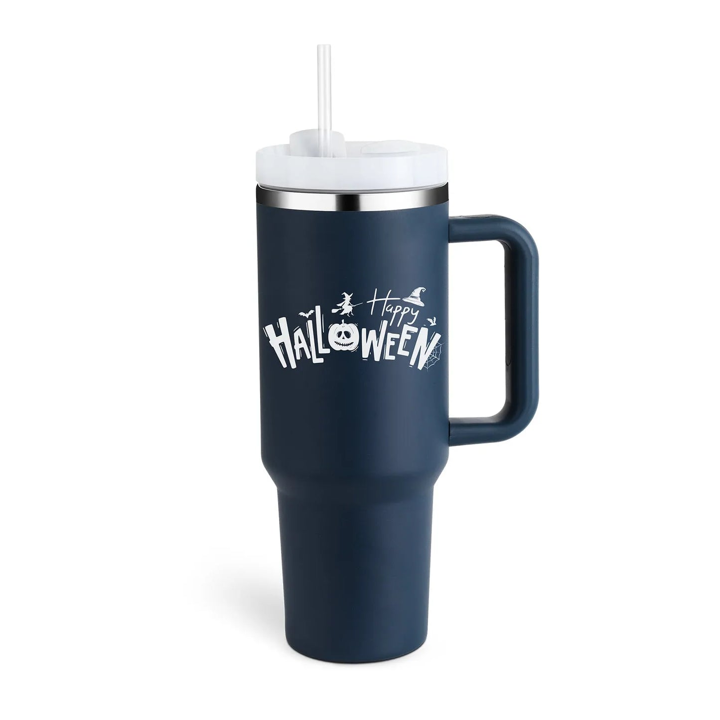 40 oz stainless steel insulated tumbler with handle and straw in tapered mug design