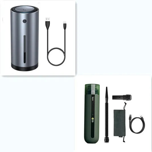 BASEUS handheld car vacuum cleaner in black with blowing hose attachment, showing compact size and dust bin