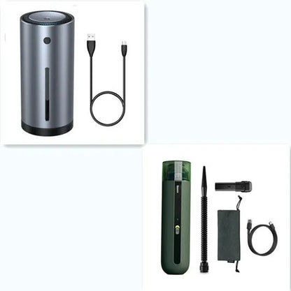 BASEUS handheld car vacuum cleaner in black with blowing hose attachment, showing compact size and dust bin