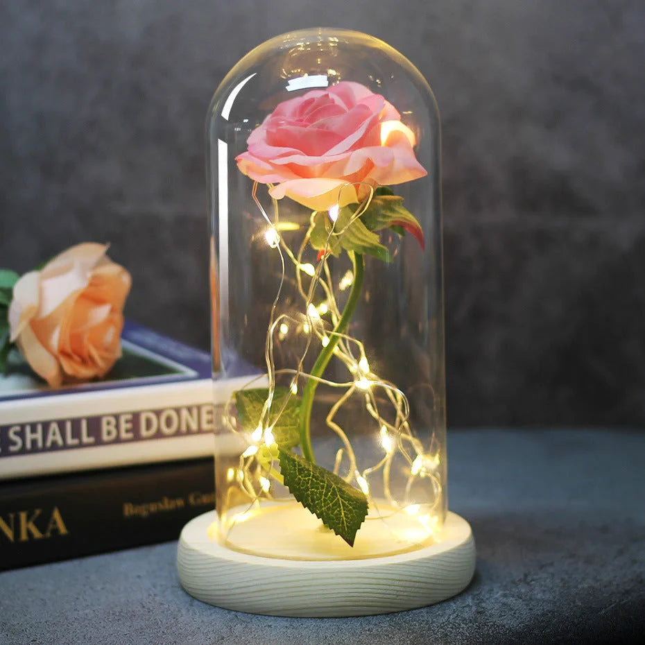 Enchanted Forever Rose in Glass LED Light Christmas Decoration with wooden base