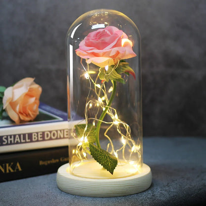 Enchanted Forever Rose in Glass LED Light Christmas Decoration with wooden base