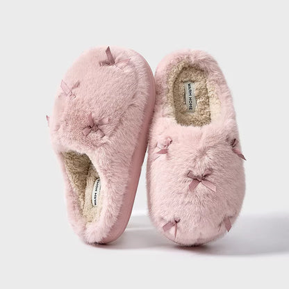 Women's plush butterfly knot slippers with memory foam insole in milk tea, cloud white, and sweetheart pink
