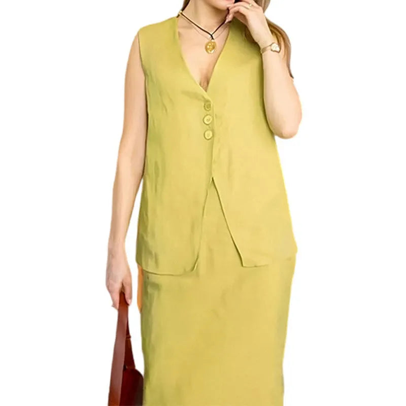 Women's casual two-piece suit with sleeveless vest and long skirt in blue colour, showing loose fit design