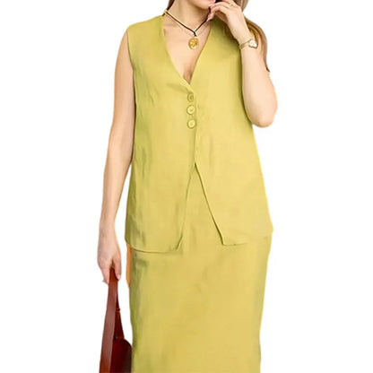Women's casual two-piece suit with sleeveless vest and long skirt in blue colour, showing loose fit design