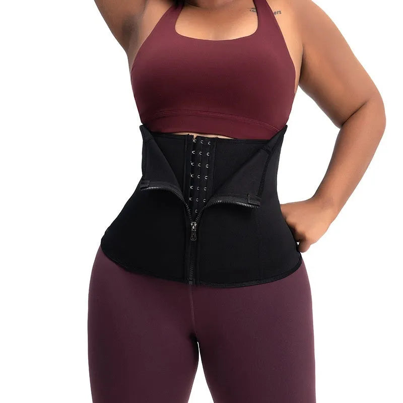 Neoprene belly band body shaping corset in black, shown wrapped for abdominal support during exercise