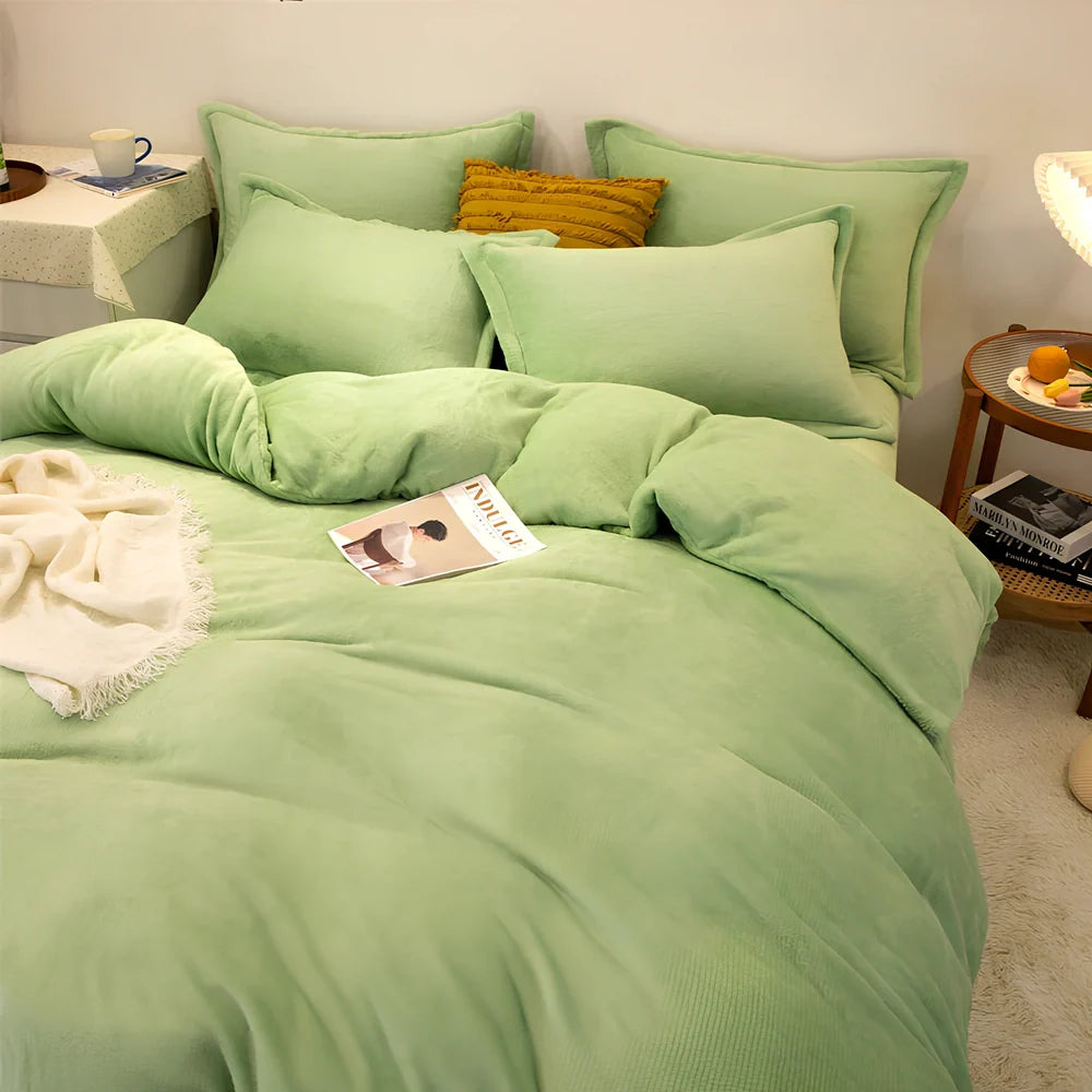 Double-sided fleece duvet cover showing goose yellow and light grey reversible sides