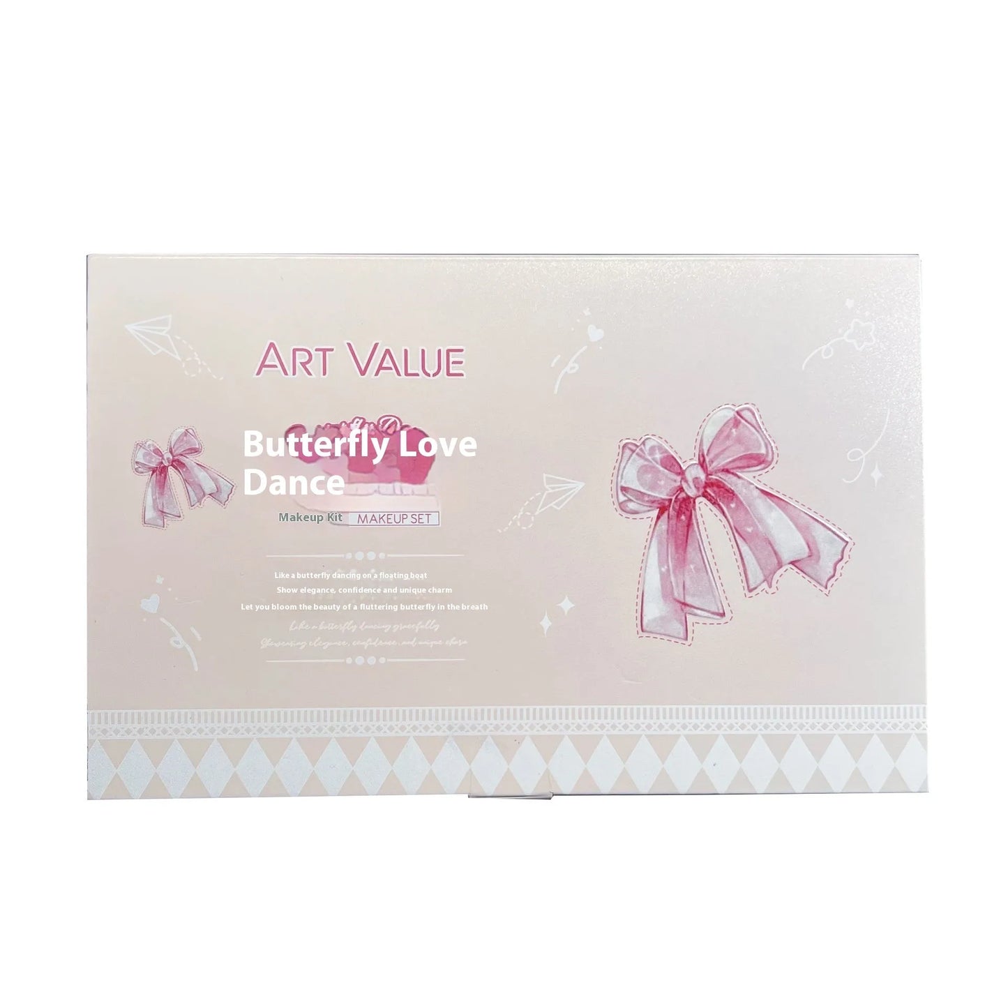 Butterfly Box Suite makeup set with matte lip muds, powder blusher, and necklace in pink butterfly design
