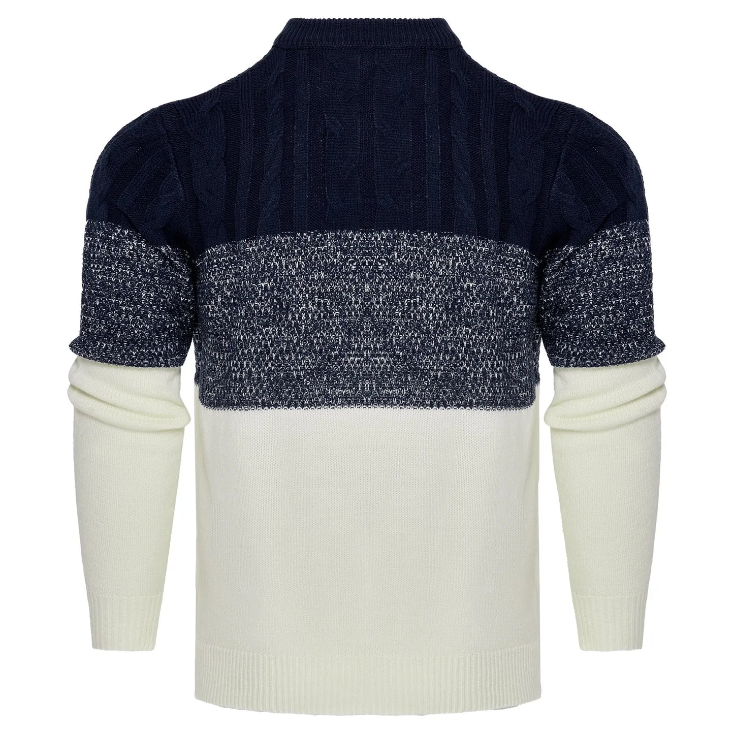 Men's grey cotton blend knitted pullover sweater with long sleeves on a hanger.