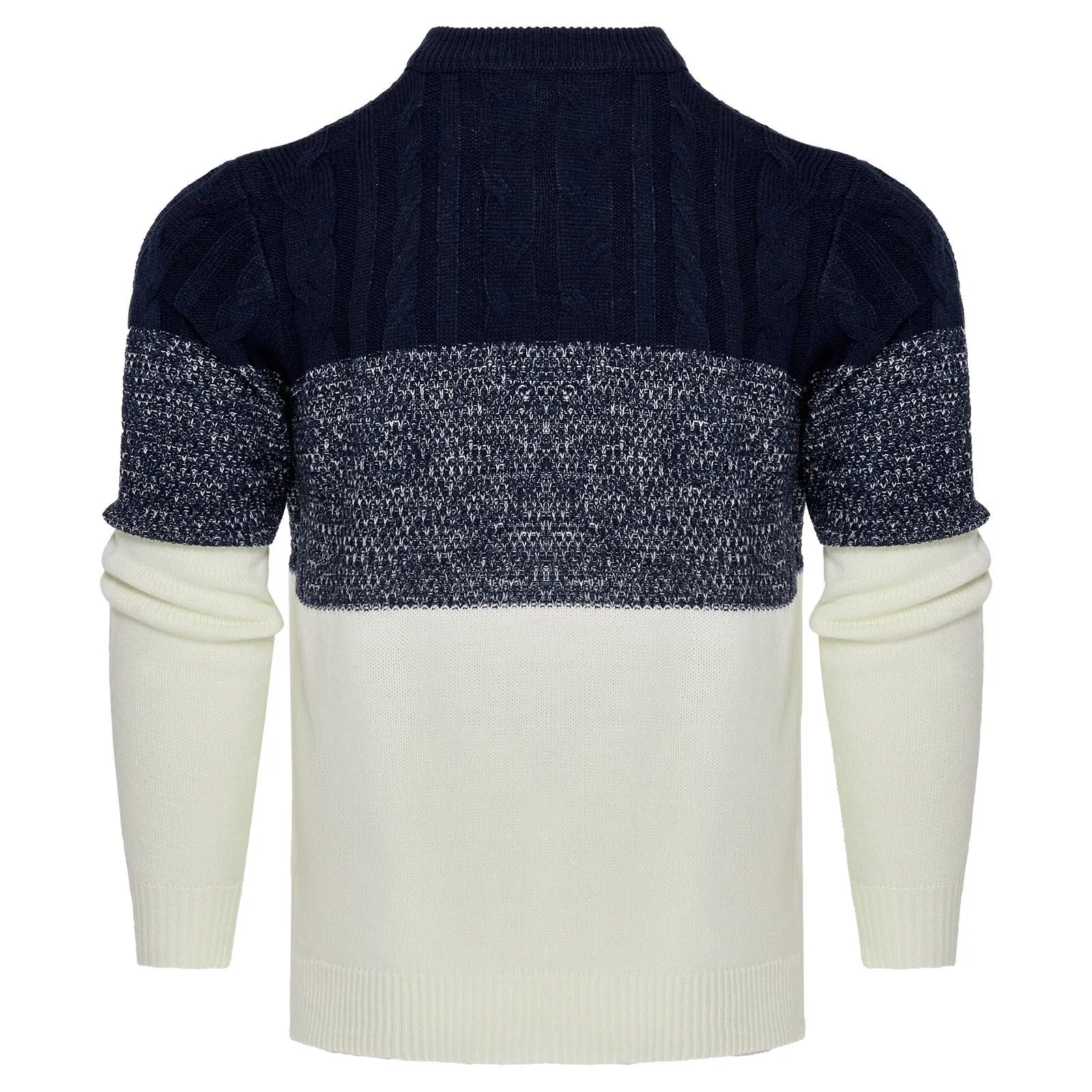 Men's grey cotton blend knitted pullover sweater with long sleeves on a hanger.
