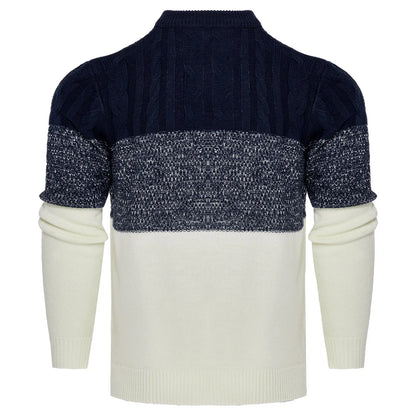 Men's grey cotton blend knitted pullover sweater with long sleeves on a hanger.