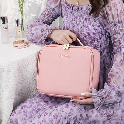 Glamorous lighted makeup vanity case with mirror, featuring large storage compartment, adjustable fill light, and high-definition mirror for flawless makeup application.