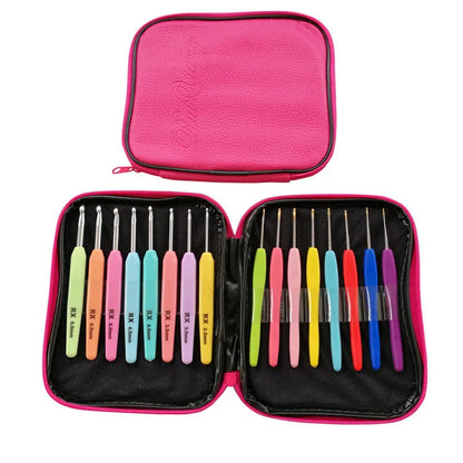 Crochet hook set with 16 pieces, ABS and polyethylene handles, sizes 1.0mm to 6.0mm, and PU storage bag