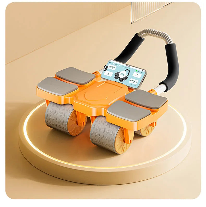 Black abdominal wheel with four polypropylene wheels and automatic rebound mechanism for core exercises