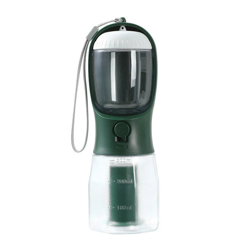 Versatile 3-in-1 pet water bottle with integrated water dispenser, food container, and waste bag compartment