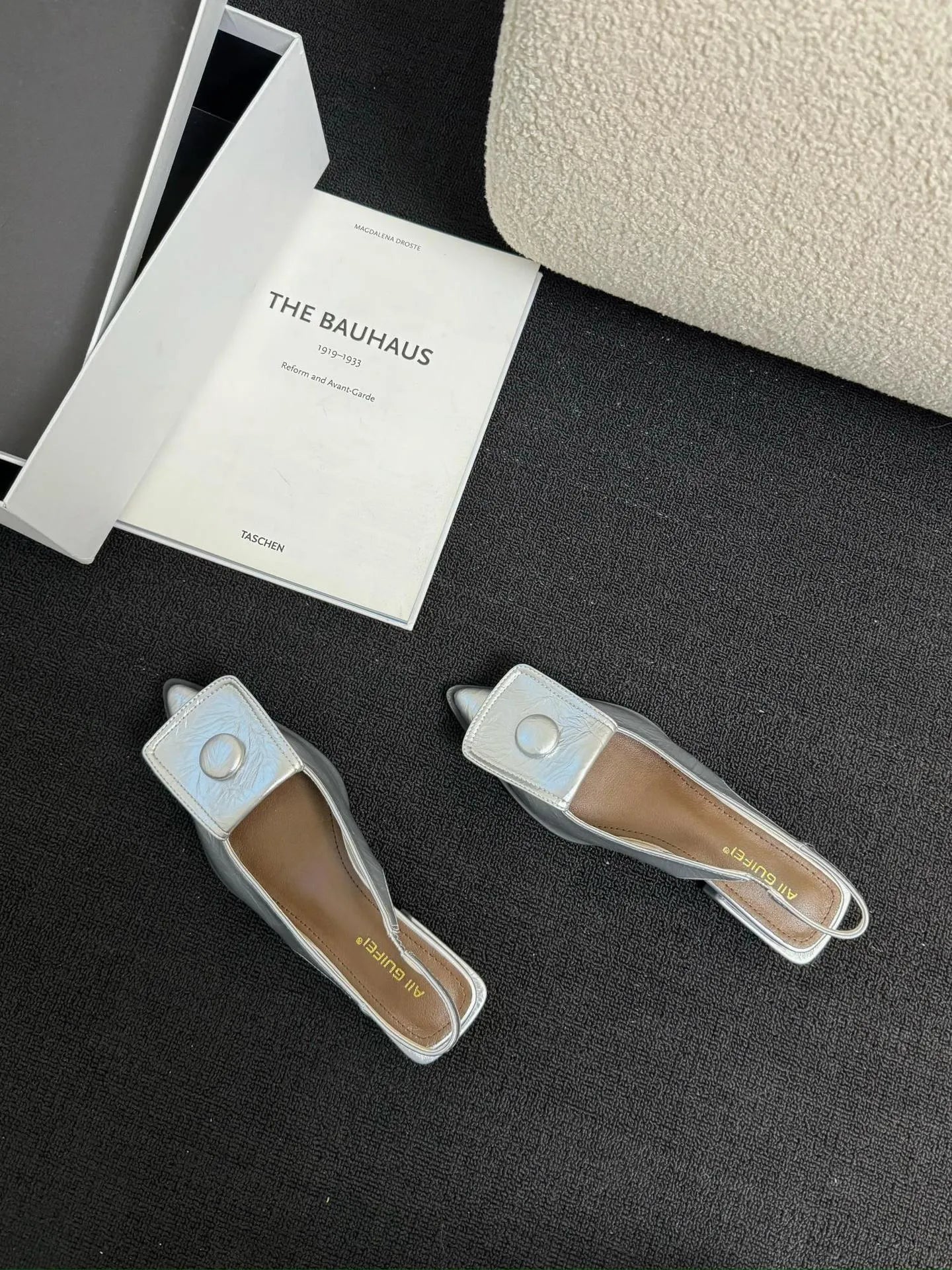 Women's low-heel pointed toe sandals with a back strap in black, brown, apricot, and silver colours.
