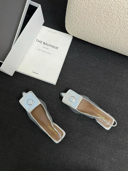 Women's low-heel pointed toe sandals with a back strap in black, brown, apricot, and silver colours.
