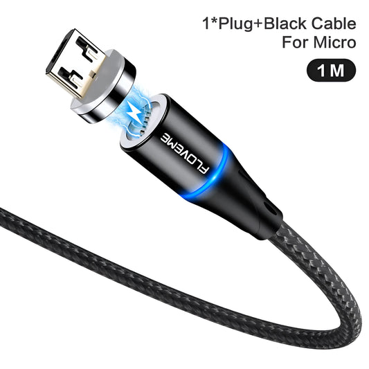 Black magnetic fast charge data cable with LED light and Type-C connector on a white background.