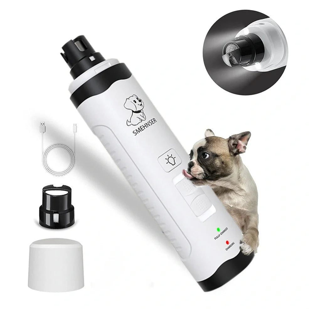 Electric dog nail trimmer device with LED display showing speed settings and dust collection system