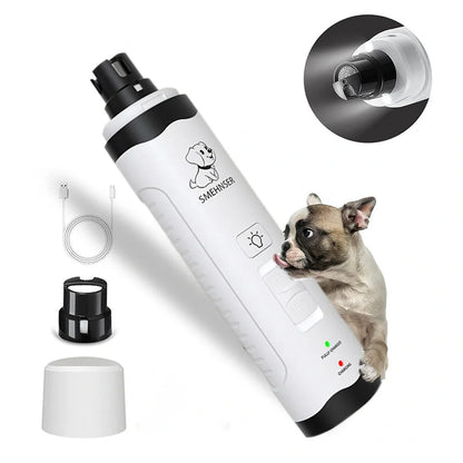 Electric dog nail trimmer device with LED display showing speed settings and dust collection system