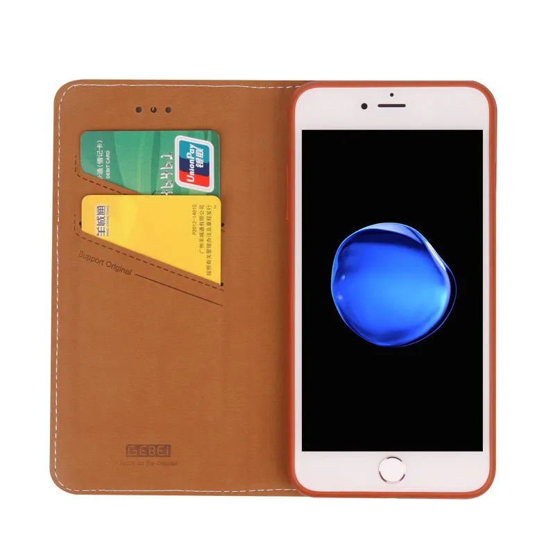 Business phone case wallet made from imported PU leather, available in black, blue, brown, khaki, or pink for iPhone 6 through iPhone XS Max, including plus models, providing card storage and device protection