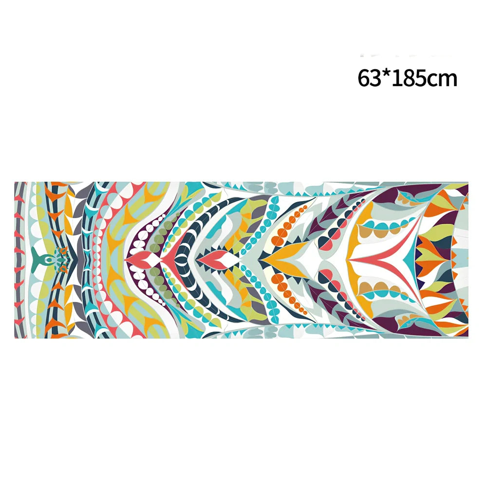 Blue anti-slip yoga mat with superfine fibre surface showing 65x185cm dimensions and 0.4mm thickness