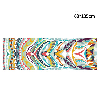 Blue anti-slip yoga mat with superfine fibre surface showing 65x185cm dimensions and 0.4mm thickness