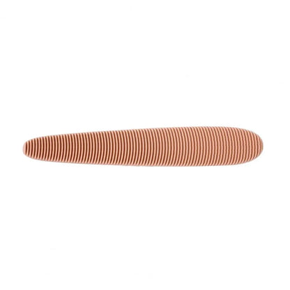 Grey and pink cat grooming comb with tongue massage design and dual-ended narrow and wide sections