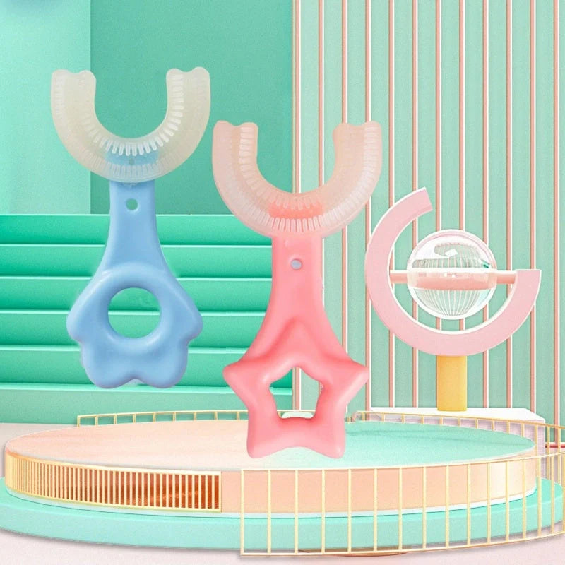 U-shaped baby toothbrush in soft silicone for kids, available in multiple colors