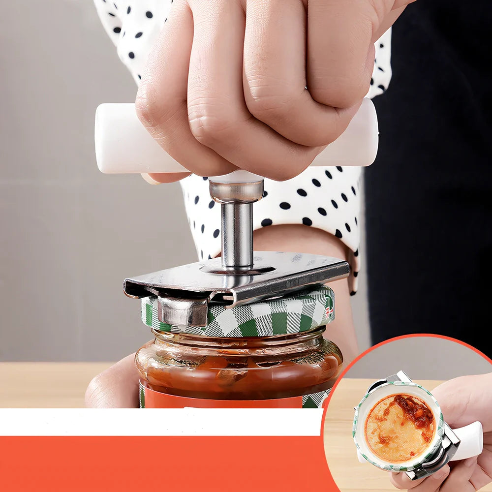 Adjustable stainless steel jar opener with ABS plastic handle, showing steel teeth and collapse feature