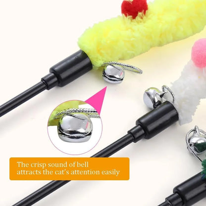 Blue interactive cat wand toy with a long plush strip, fluffy ball, and bell on a 41cm pole.