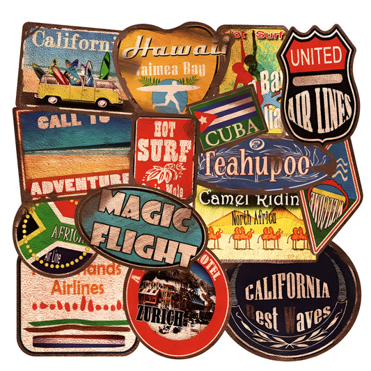 36 large retro beach and surfing themed stickers with matte finish, sizes range from 6cm to 10cm.