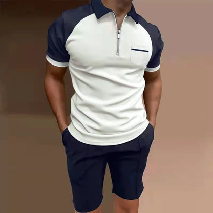 Men's casual printed two-piece set with short sleeve top and matching shorts