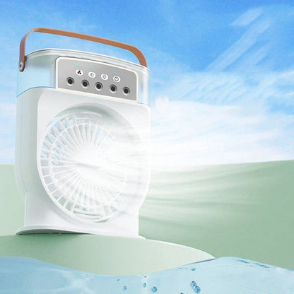 Portable USB-powered evaporative air cooler with 5 mist sprays, 7 color lights, and 600ML water tank