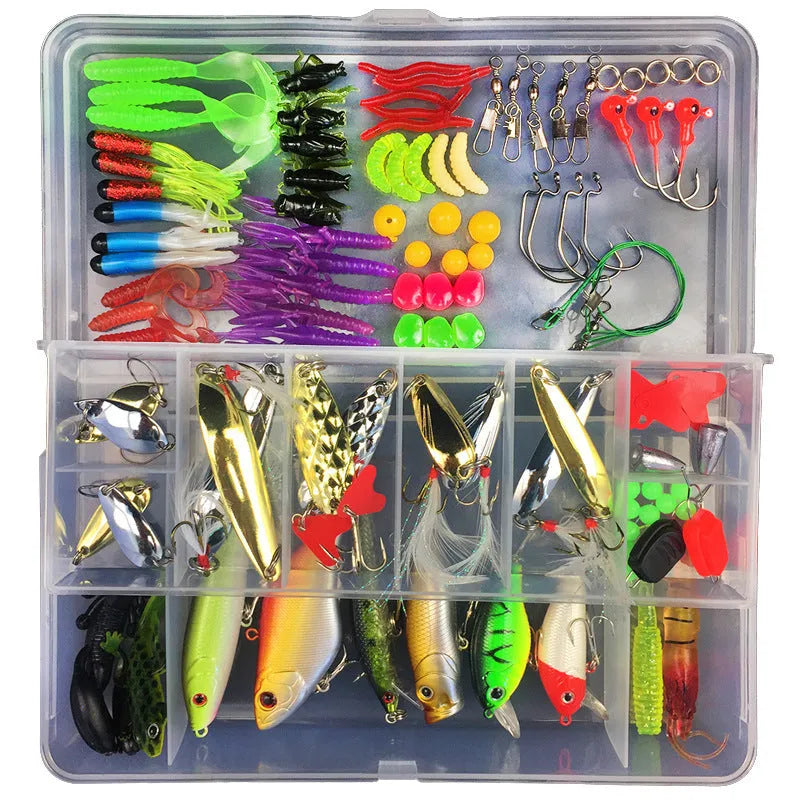 Junior fishing lure suit set in PP plastic box with multiple bait designs including thunder frog lures