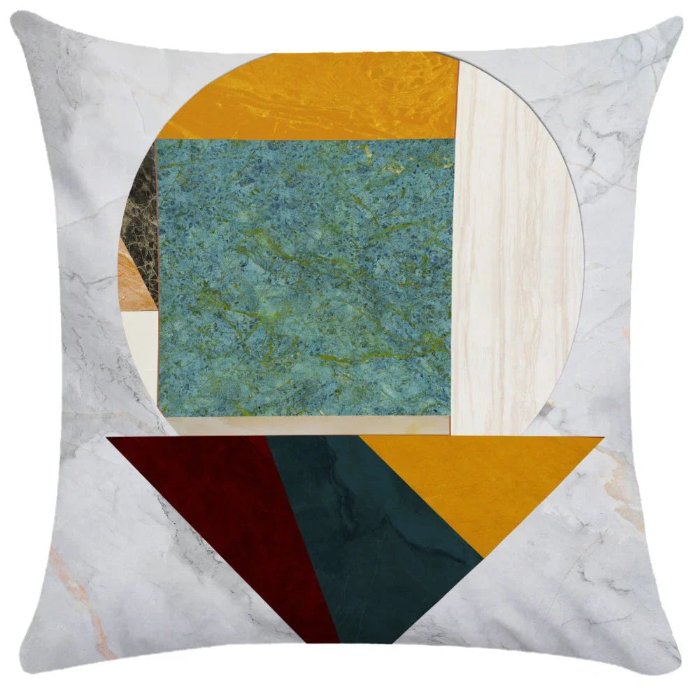 Geometric pattern throw pillow on office sofa showing 45x45cm size with plush fabric texture