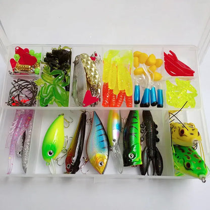 Lure Suit 142-piece fishing tackle set showing hard mino lures, sequins, and metal components arranged for display