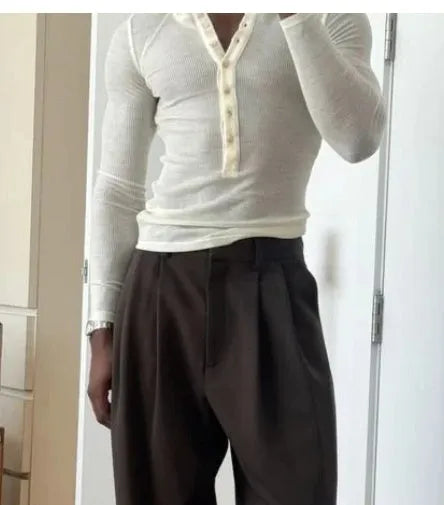 Men's cream-coloured ribbed long-sleeve henley top with three-button placket and ribbed knit texture