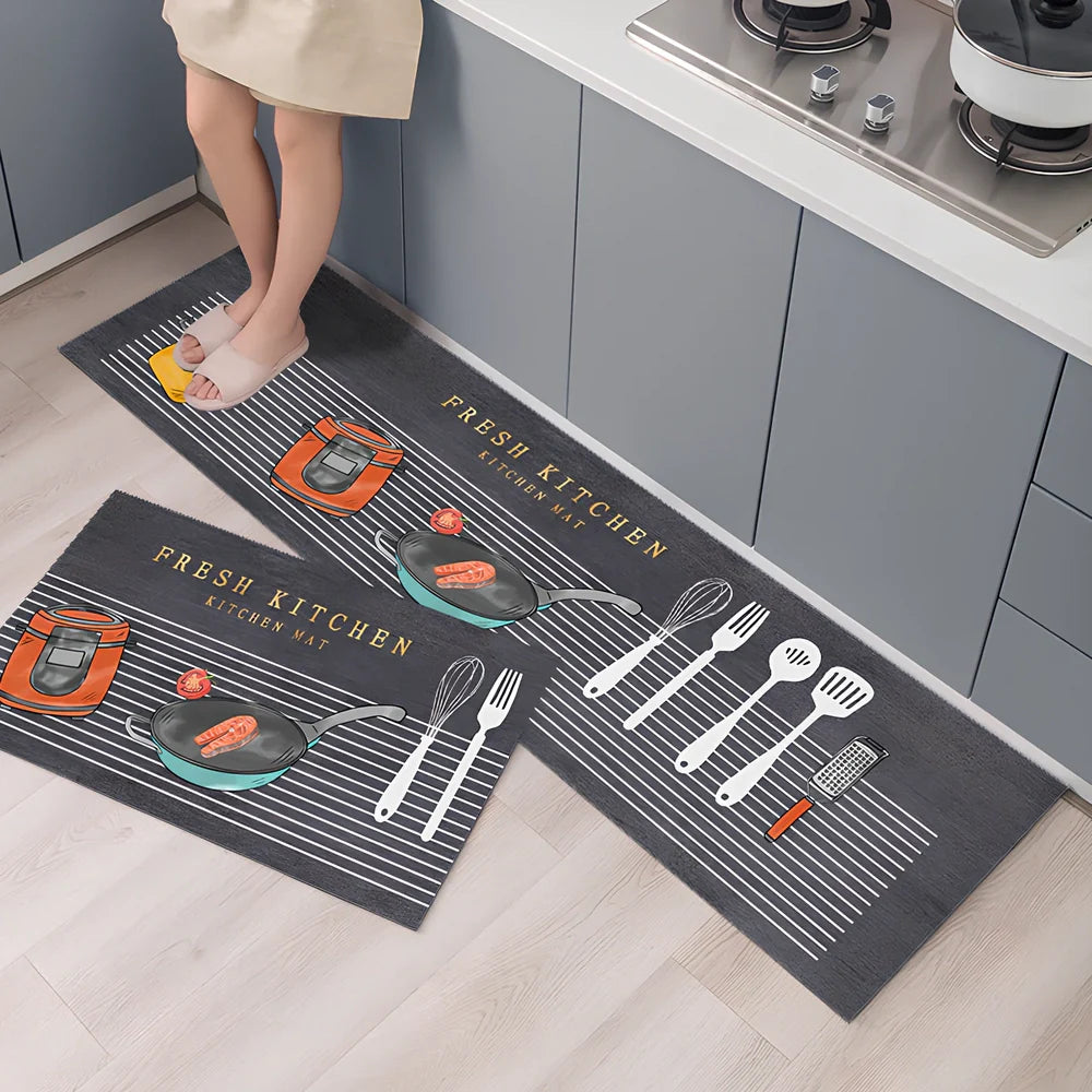 Rectangular polyester kitchen floor mat with machine-woven texture in modern design