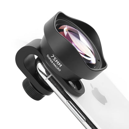 Universal mobile phone macro lens with protective cover and storage bag for portable photography.