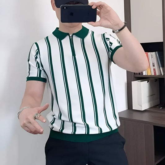 Men's Korean style vintage stripe T-shirt with zipper detail and cartoon pattern in loose casual fit