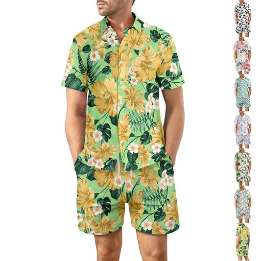 Stylish two-piece beach outfit with a relaxed button-up shirt and drawstring shorts in vibrant tropical prints