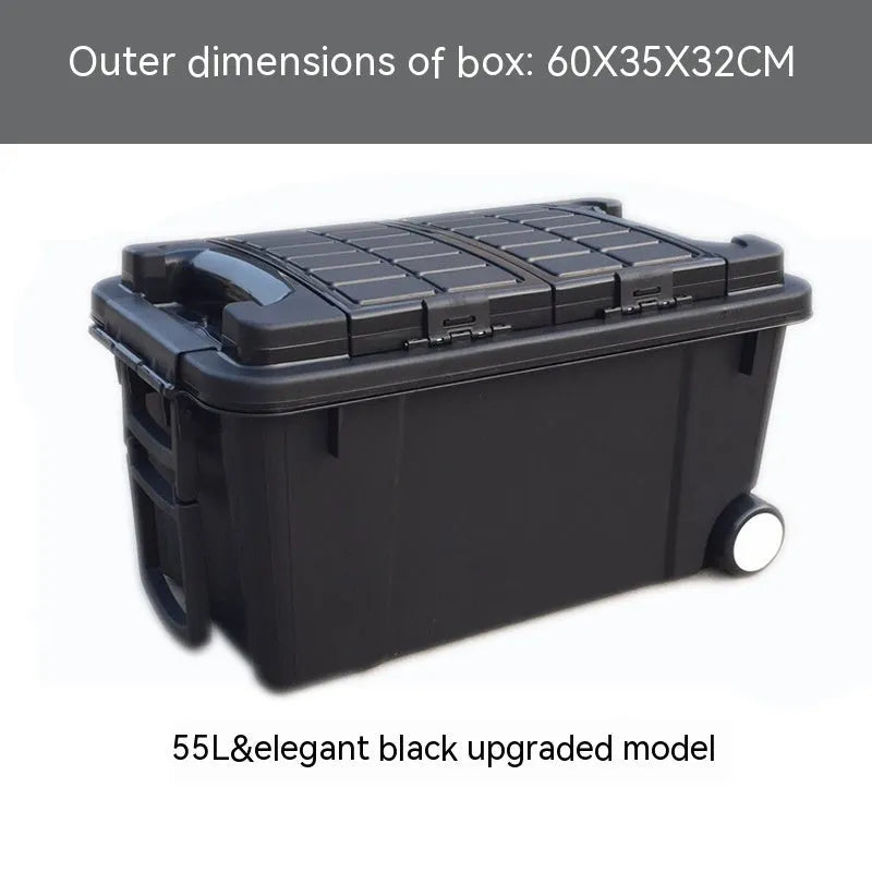 Large orange plastic storage box with black wheels and a pull-up handle, shown in a garage setting.