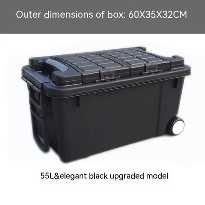 Large orange plastic storage box with black wheels and a pull-up handle, shown in a garage setting.