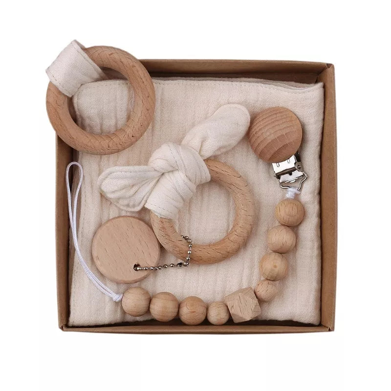 Natural cotton baby bath toy set with wooden rattle and comfort towel