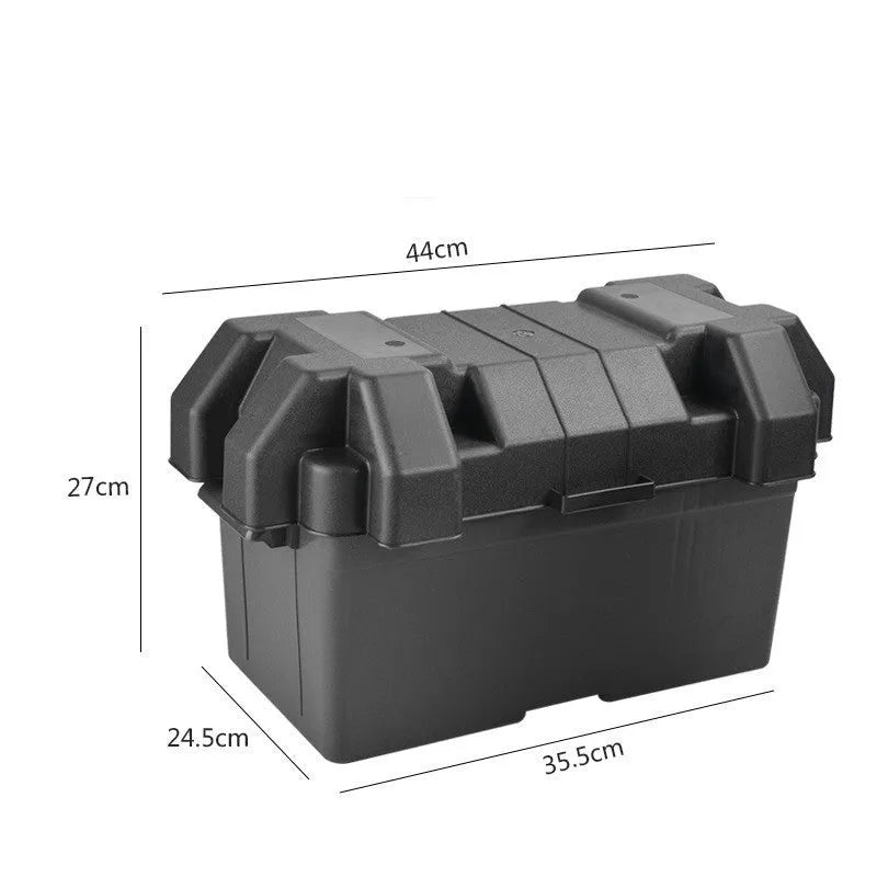 Black PP plastic battery storage box with strap and screw fixing in large and small sizes.